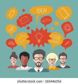 Vector illustration of brainstorming with people and speech bubbles. Business team management icons in flat style.