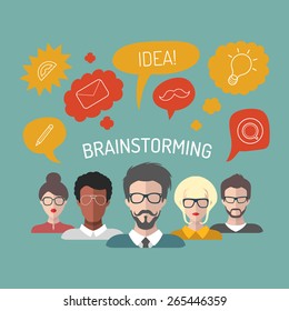 Vector illustration of brainstorming with people and speech bubbles. Business team management icons in flat style.