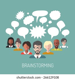 Vector illustration of brainstorming with people and speech bubbles. Business team management icons in flat style.