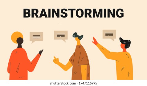 Ilustración vectorial de la lluvia de ideas. La gente habla y trabaja. Personajes de negocios hablando de algo. Concepto de lluvia de ideas. Ilustración vectorial de concepto de trabajo en equipo. Trabajando juntos.
