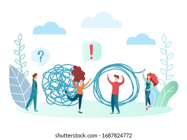 ilustración vectorial brainstorming, concepto de ayuda psicológica. gente con problemas y haciendo preguntas. el camino del caos al orden en los pensamientos y asuntos laborales
