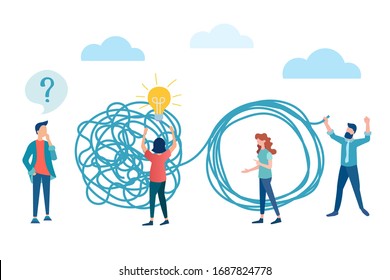 vector illustration brainstorming, psychological help concept. people experiencing problems and asking questions unravel the tangled rope, the symbol of the found solution, the search for a solution 