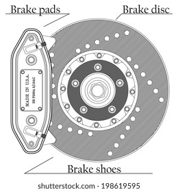 Vector illustration of brake disc with caliper on a white background