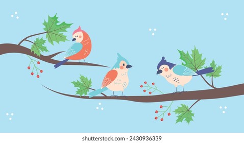 Ilustración vectorial de una rama con pájaros adorables. Escena de dibujos animados de una rama de árbol con hojas verdes, bayas rojas y aves lindas en diferentes poses y emociones aisladas sobre un fondo azul.