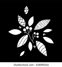 Vector illustration of branch and berry of rowan, ash berry. Simple flat style, white silhouette isolated on black background