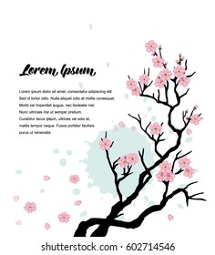 Vector illustration of a branch of blooming sakura. Floral design template.