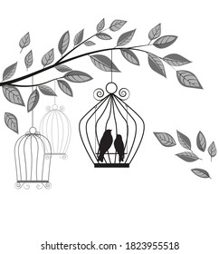 Vector illustration of a branch with a cage and birds.
