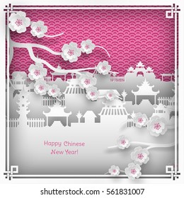 Vector illustration of branch of cherry blossoms and chinatown village on pink outdoor background with oriental vintage pattern frame for chinese new year greeting card, paper cut out style