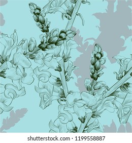 Vector illustration. A branch with flowers and buds. Seamless pattern.Antirrhinum. Medicinal, perfume and cosmetic plants. Wallpaper. Use printed materials, signs, posters, postcards, packaging.