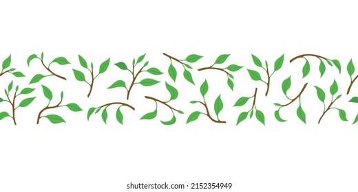 Vector illustration of branch with green leaves horizontal pattern seamless. Pattern brush