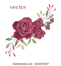 Vector illustration of branch with leaves and flowers. Botanical illustration. Arrangement of pink, purple roses , wild flowers and wild herbs.