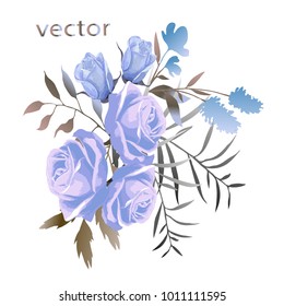 Vector illustration of branch with leaves and flowers. Botanical illustration. Arrangement of blue roses , wild flowers and wild herbs.