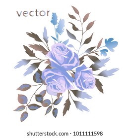 Vector illustration of branch with leaves and flowers. Botanical illustration. Arrangement of blue roses , wild flowers and wild herbs.