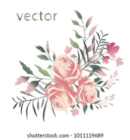 Vector illustration of branch with leaves and flowers. Botanical illustration. Arrangement of pink roses , wild flowers and wild herbs.