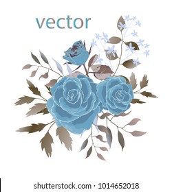 Vector illustration of branch with leaves and flowers. Botanical illustration. Arrangement of blue roses , wild flowers and wild herbs.