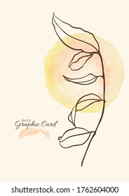 Vector illustration of branch with leaves, watercolor hand painted sun on the background, greeting card, invitation or save a date card