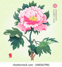 Vektorgrafik. Zweig der Pfingstrosen Blumen und Blätter. Japanische Stickerei vor dem Hintergrund. Inschrift Peonies Garten.