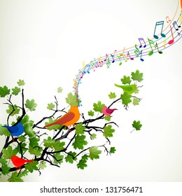 Vector Illustration of a Branch with Singing Birds