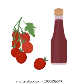 Vector illustration of a branch of tomatoes and a bottle of ketchup on a white isolated background. Template for web design, healthy and diet food design.