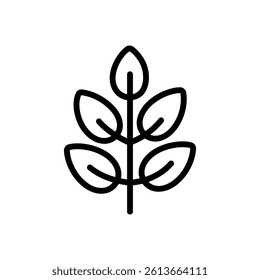 A vector illustration of a branch of a tree with some leaves in line icon style, isolated on a white background. Ideal for nature, botanical, and outdoor-themed designs