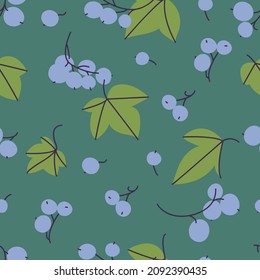 Vector illustration branches of black currant berries and green leaves. Seamless pattern.