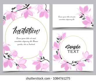 Vector illustration branches with floral decoration. Spring magnolia. Background with pink flowers. Set of greeting cards