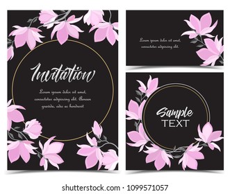 Vector illustration branches with floral decoration. Spring magnolia. Background with pink flowers. Set of greeting cards