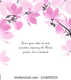 Vector illustration branches with floral decoration. Spring magnolia. Background with pink flowers