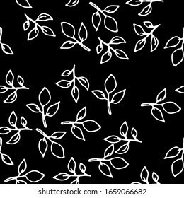 Ramas de ilustraciones vectoriales y hojas de plantas. Estilo de contorno. Para impresión, diseño, superficie trasera, textil, embalaje, lienzo.  Ilustración vectorial dibujada a mano.Patrón sin problemas. Para niños y adultos