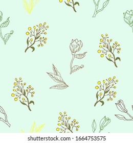 Vector illustration branches and leaves of plants. Contour style. Hand drawn vector illustration. Seamless pattern. 