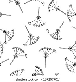 Vector illustration branches and leaves of plants. Contour style. Hand drawn vector illustration. Seamless pattern. 