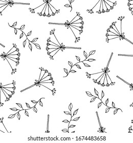 Vector illustration branches and leaves of plants. Contour style. Hand drawn vector illustration. Seamless pattern. 