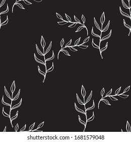 Ramas de ilustraciones vectoriales y hojas de plantas. Estilo de contorno. Ilustración vectorial dibujada a mano. Patrón sin problemas.  Hojas blancas en un fondo negro.