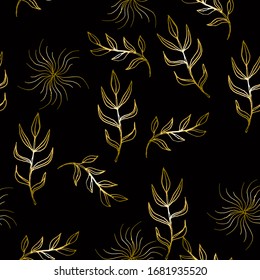 Vector illustration branches and leaves of plants. Contour style. Hand drawn vector illustration. Seamless pattern.  Golden leaves on a black background.