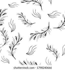 Vector illustration branches and leaves of plants. Contour style. Hand drawn vector illustration. Seamless pattern. 