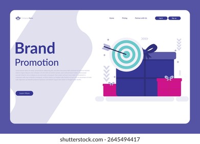 Ilustração vetorial de uma página da web de promoção da marca com caixas de presente, alvo bullseye e layout moderno de marketing azul e branco
