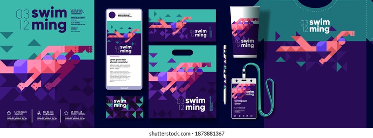 Vector illustration. Branding, corporate identity for swimming competitions. Post in social networks, ID card, package, t-shirt with the event brand.