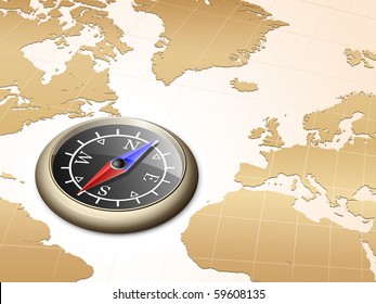 Vector Illustration Of Brass Compass and Map of the World