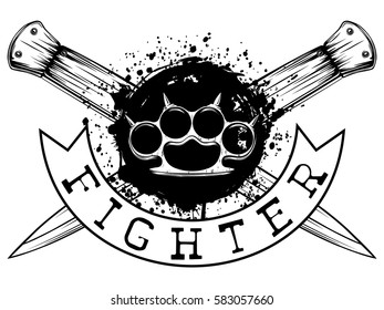 Vector illustration brass knuckle on crossed daggers and grunge background. Inscription fighter. For tattoo or t-shirt design.