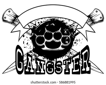 Vector illustration brass knuckle on crossed daggers and grunge background. Inscription gangster. For tattoo or t-shirt design.