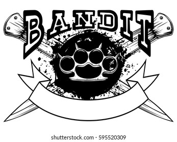 Vector illustration brass knuckle on crossed daggers and grunge background. Inscription bandit. For tattoo or t-shirt design.
