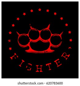 Vector illustration brass knuckle on grunge background. Inscription fighter. For tattoo or t-shirt design.