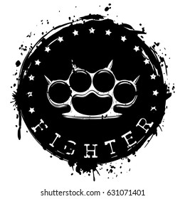 Vector illustration brass knuckle on grunge background. Inscription fighter. For tattoo or t-shirt design.