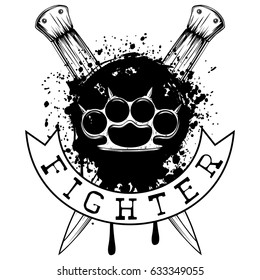 Vector illustration brass knuckle on crossed daggers and grunge background. Inscription fighter. For tattoo or t-shirt design.