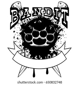 Vector illustration brass knuckle on crossed daggers and grunge background. Inscription bandit. For tattoo or t-shirt design.