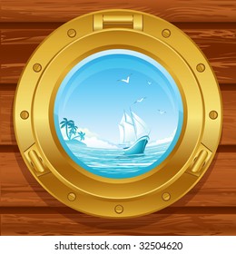 Vector illustration - brass porthole on a wooden covering