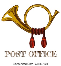 Vector illustration of brass vintage postal horn in colored hand-drawn style.