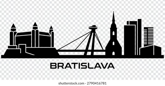 Vector illustration of Bratislava city skyline with iconic buildings and landmarks, including the castle and Most SNP bridge, isolated on white background.