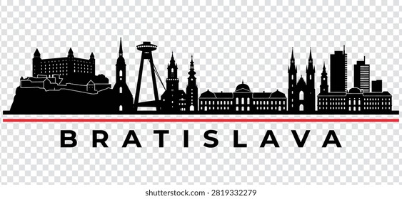 Vector illustration of Bratislava city skyline, Slovakia. Silhouette of famous buildings and landmarks isolated on a transparent background.