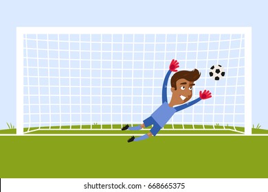 Vector illustration of brave asian cartoon goalkeeper jumping to save a penalty kick